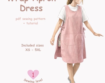 Patrón de costura en PDF para vestido tipo delantal cruzado, proyecto de costura fácil, delantal sencillo con bolsillos, tallas XS-5XL, descarga inmediata