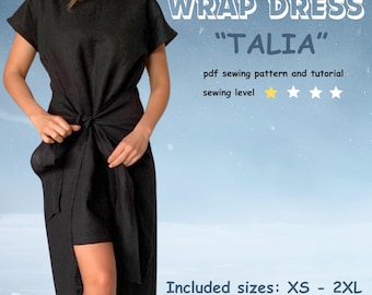 Patrón de costura para vestido cruzado Talia, patrón digital para vestido con lazo delantero, descarga instantánea en PDF, tallas XS-2XL