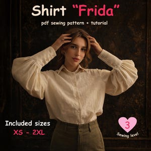 Patrón de costura en PDF para camisa Frida, patrón de blusa para mujer tallas XS-2XL, camisa abotonada con mangas abullonadas, descarga digital