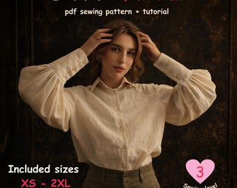 Patrón de costura en PDF para camisa Frida, patrón de blusa para mujer tallas XS-2XL, camisa abotonada con mangas abullonadas, descarga digital