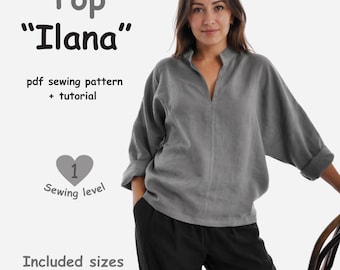 Top naaipatroon pdf, los linnen blousepatroon, oversized toppatroon, eenvoudige naai-tutorial, damesshirtpatroon XS tot 2XL