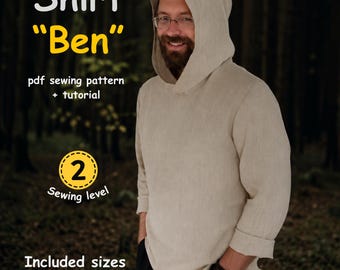 Men’s Hooded Shirt Sewing Pattern PDF, Hoodie Shirt Pattern, Medieval Linen Tunic, Men’s Casual Pullover Shirt, Sizes S-3XL