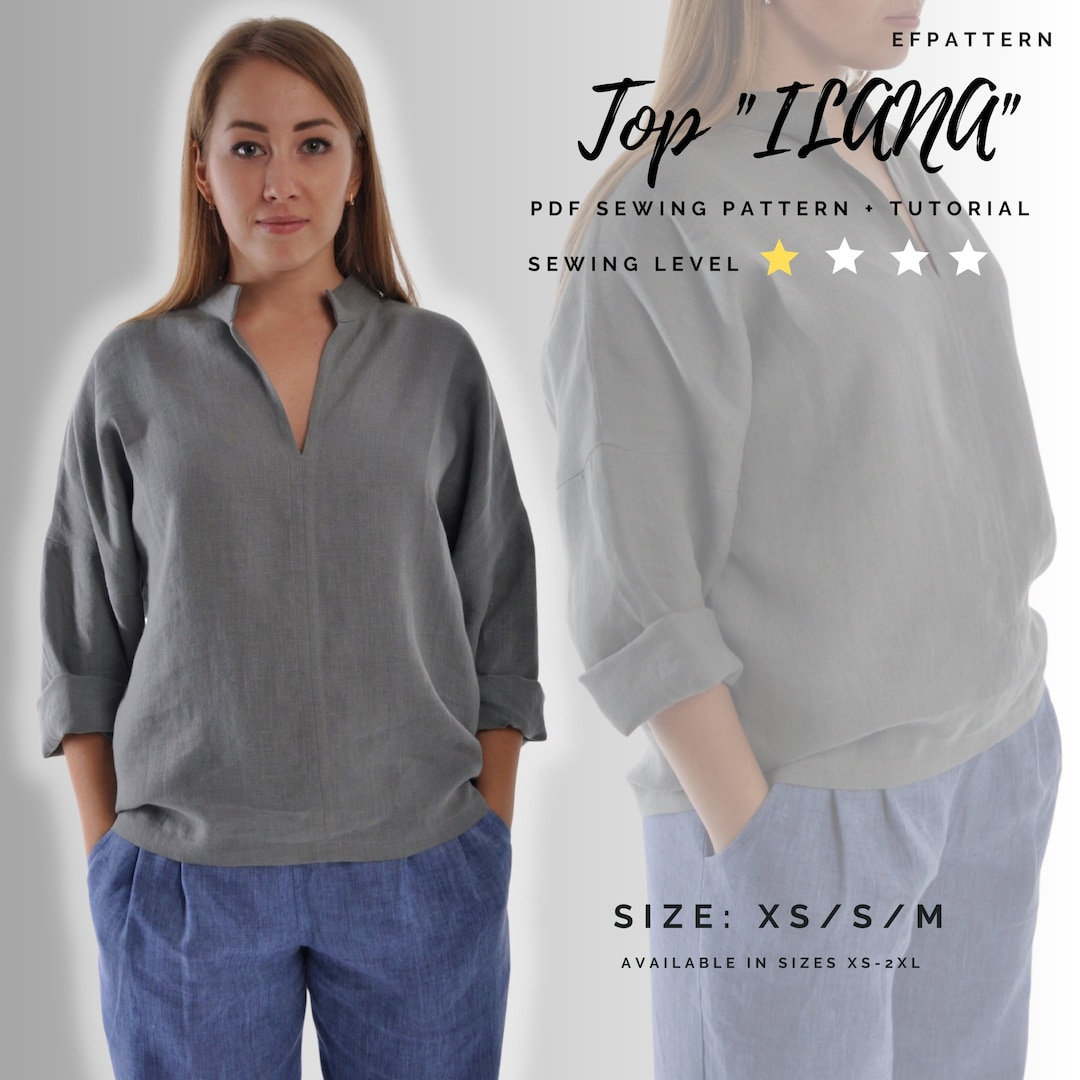 Boxy Top Sewing Pattern, Kimono Top With Collar, Sizes XS, S and M