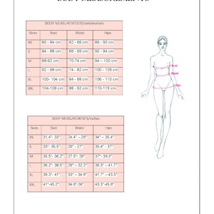May include: A chart showing body measurements in inches and centimeters for different sizes, from XS to XXL. The chart includes bust, waist, and hip measurements.