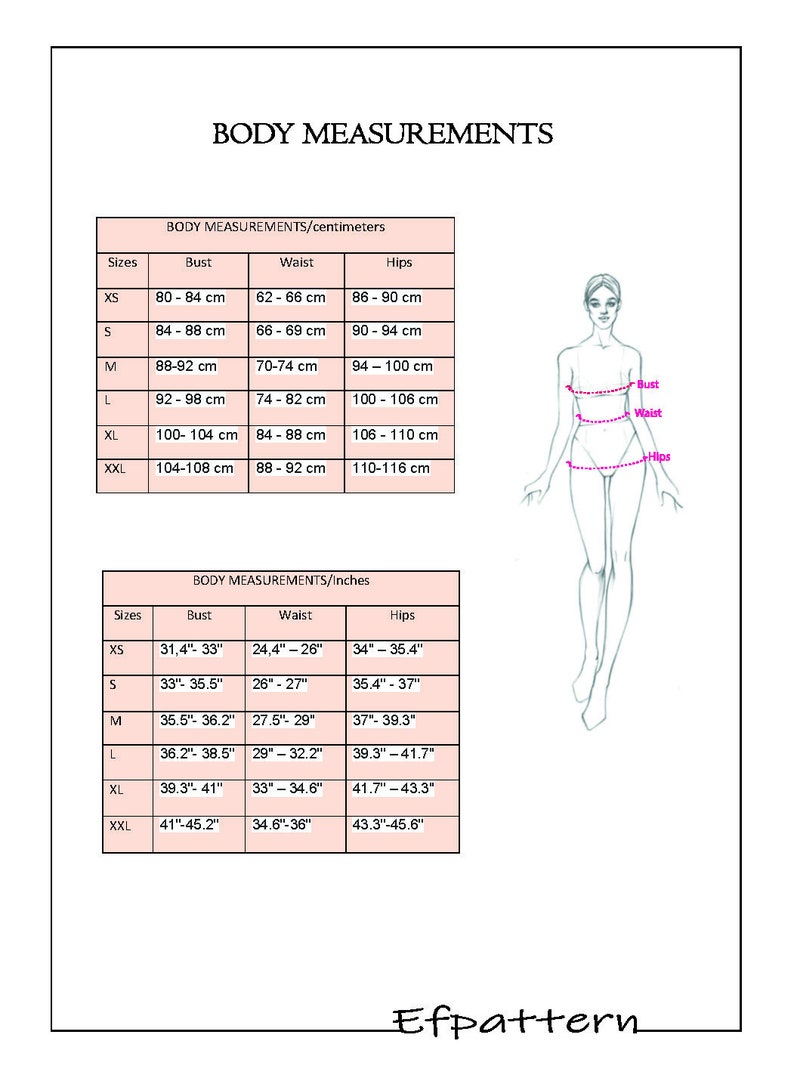 May include: A chart showing body measurements in inches and centimeters for different sizes, from XS to XXL. The chart includes bust, waist, and hip measurements.