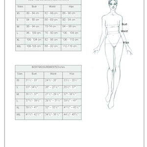 May include: Body measurement chart in inches and centimeters. Includes bust, waist, and hip measurements for sizes XS to XXL. A line drawing of a person is on the right side of the image.