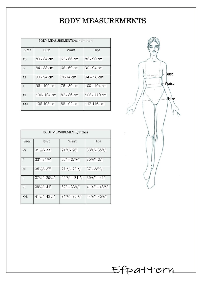 May include: Body measurement chart in inches and centimeters. Includes bust, waist, and hip measurements for sizes XS to XXL. A line drawing of a person is on the right side of the image.