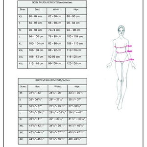 May include: Body measurement chart in inches and centimeters. Includes bust, waist, and hip measurements for sizes XS to 4XL. A line drawing of a woman illustrates the measurement points. The text "Efpattern" is in the bottom right corner.