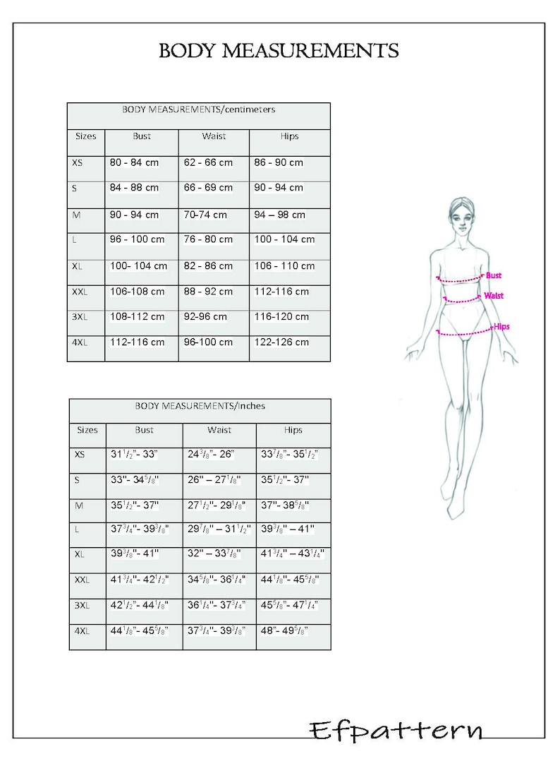 May include: Body measurement chart in inches and centimeters. Includes bust, waist, and hip measurements for sizes XS to 4XL. A line drawing of a woman illustrates the measurement points. The text "Efpattern" is in the bottom right corner.