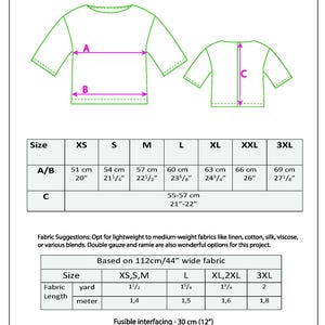 May include: Diagram of a top named "Top Rina" with garment measurements in inches and centimeters. Includes size chart with measurements for XS to 3XL. Fabric suggestions and fabric length needed are also provided.