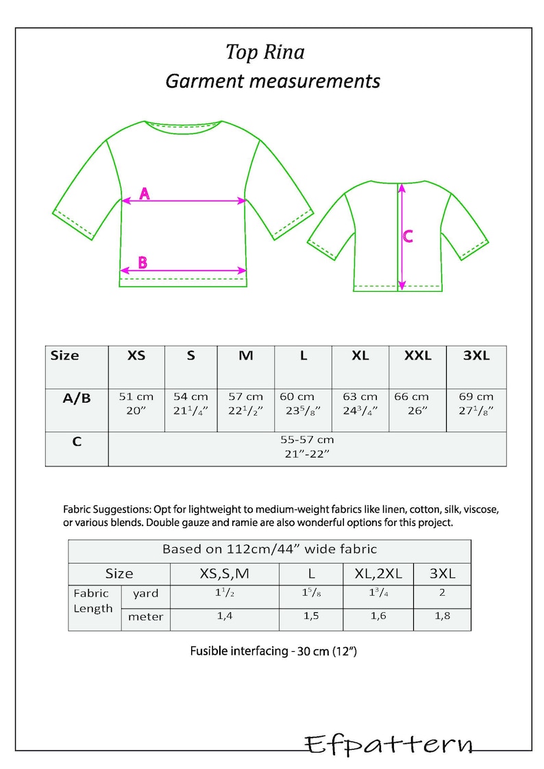 May include: Diagram of a top named "Top Rina" with garment measurements in inches and centimeters. Includes size chart with measurements for XS to 3XL. Fabric suggestions and fabric length needed are also provided.