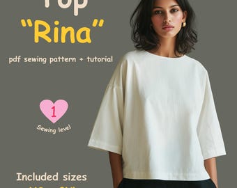 Patrón de costura en PDF para Top Rina, Top cuadrado fácil, Patrón de costura para principiantes, Blusa para mujer XS-3XL, Descarga instantánea