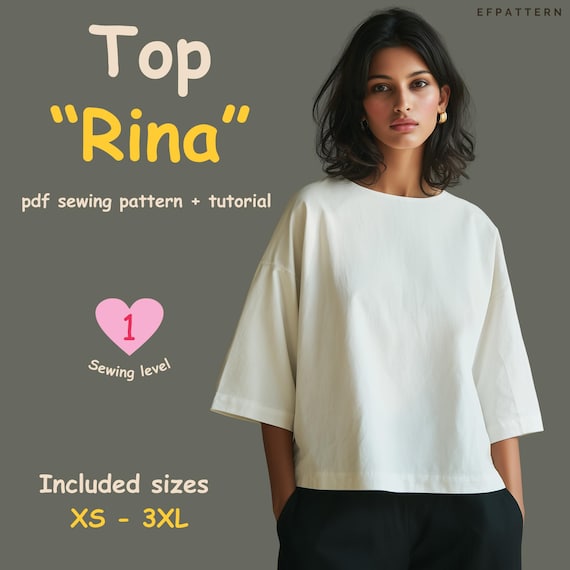 Top Rina PDF Sewing Pattern, Easy Boxy Top, Beginner Sewing Pattern, Women Blouse XS–3XL, Instant Download