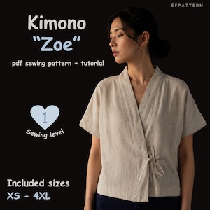 Boxy top sewing pattern, kimono top with tie closure, instant PDF download, Sizes XS - 4XL.