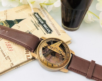Nautical Brass Sundial Compass, Leather Strap Wristwatch, Navigation Gift
