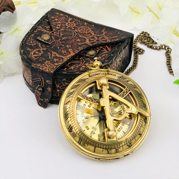 Personalized Brass Push button Sundial compass Pocket compass Vintage finish Birthday gift Christmas gift Navigation compass Gift for Man