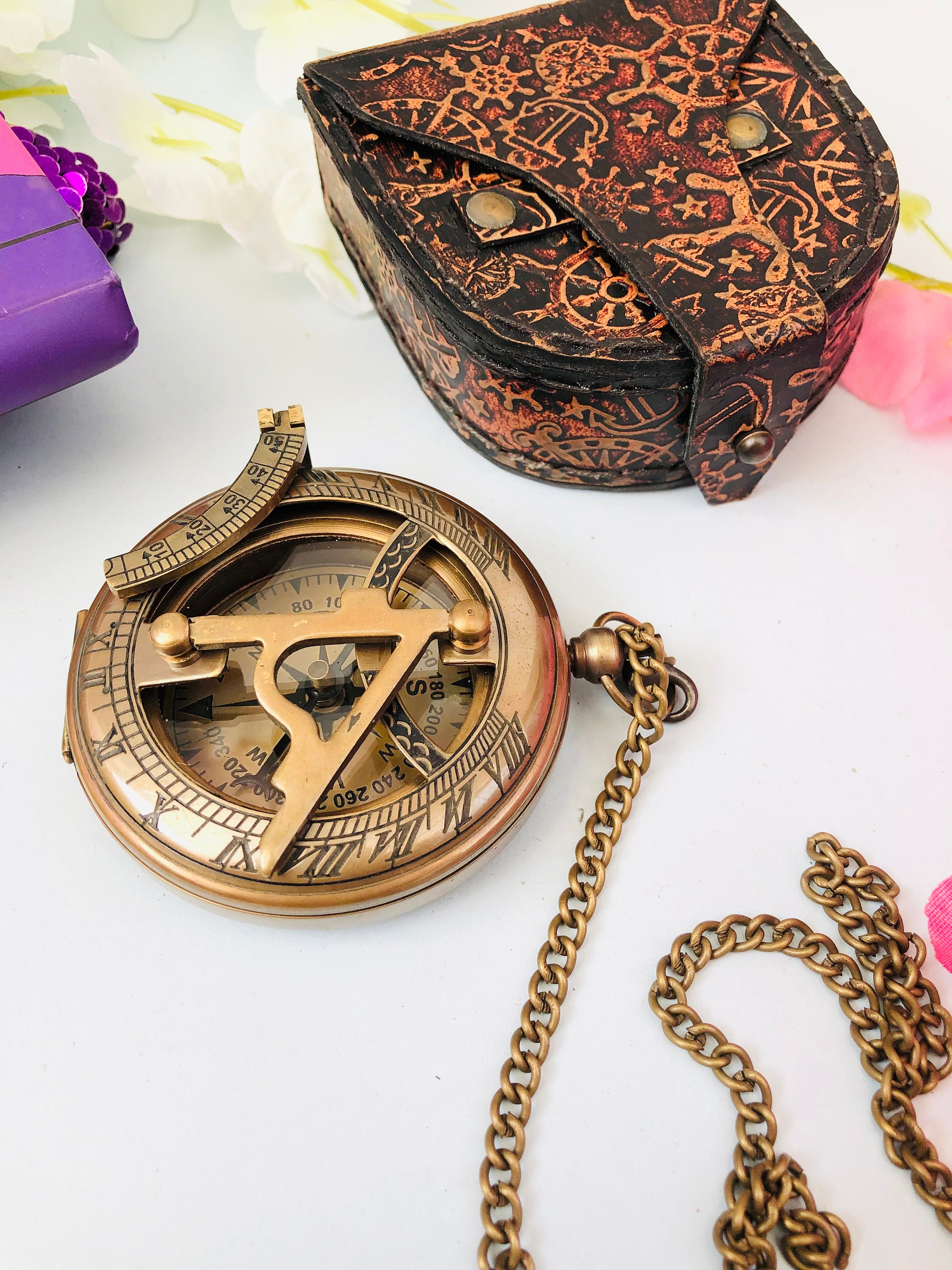 Vintage Push Button Sundial Compass Personalized Brass Compass ...