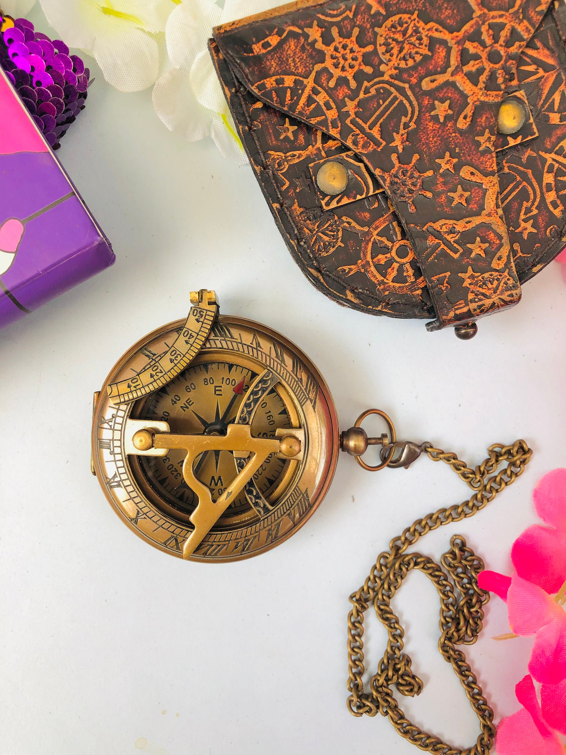 Vintage Push Button Sundial Compass Personalized Brass Compass ...