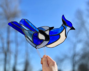 Stained glass Blue Jay garden stakes. Choice of male or female