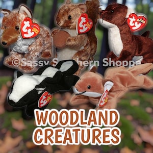 Ty BEANIE BABIES Woodland Creatures - Skunk Deer Mice Rat Hamster Fox Squirrel Mongoose Raccoon Hedgehog Snail Fox Worm *MWMT*