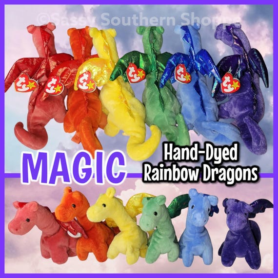 MAGIC 1995 Ty Beanie Babies (Hand-Dyed Red Orange Yellow Green Blue Turquoise Purple Black) Ty Beanie Babies Winged Dragon *MWMT*