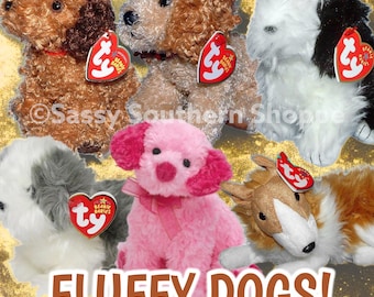 Ty BEANIE BABIES Fluffy Dogs - Poofie Houston Tunnels Sampson Regal Furston Lollipup Darling Spuds Fireworks Frolic Ramble  *MWMT*