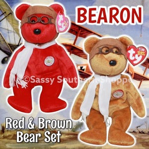 BEARON (2003) Ty Beanie Babies Red & Brown Pilot Aviator BEARS Set *MWMT*