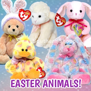 May include: A collection of five Ty Beanie Babies plush toys including a tan bear wearing a polka-dot bunny ear headband, a white lamb with a pink ribbon, a pink bunny holding a colorful egg, a yellow duck with egg patterns, and a pastel bunny.
