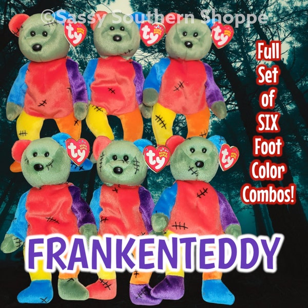 FRANKENTEDDY 2001 Halloween Complete 6-Piece Frankenstein BEAR Set Ty Beanie Babies *MWMT*