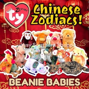 Ty BEANIE BABIES Chinese Zodiacs - Rat, Ox, Tiger, Rabbit, Dragon, Snake, Horse, Ram, Monkey, Rooster, Dog, Pig Plush Toys *MWMT*