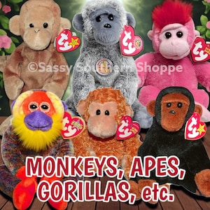 Ty BEANIE BABIES Monkeys, Gorillas, Orangutans, Chimpanzees, Apes, Mandrill, Lemur & More *MWMT*