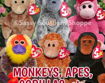Ty BEANIE BABIES Monkeys, Gorillas, Orangutans, Chimpanzees, Apes, Mandrill, Lemur & More *MWMT*