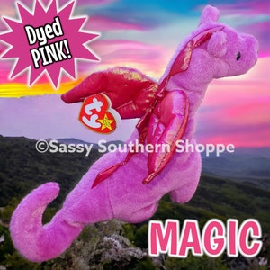 MAGIC 1995 Ty Beanie Babies (Hand-Dyed Red Orange Yellow Green Blue Turquoise Purple Black) Ty Beanie Babies Winged Dragon *MWMT* Pink