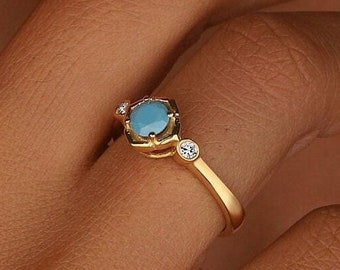 Solid Gold Turquoise Engagement Ring, Blue Turquoise Birthstone Ring, Dainty Blue Stone Ring, Vintage December Jewelry,  Ring