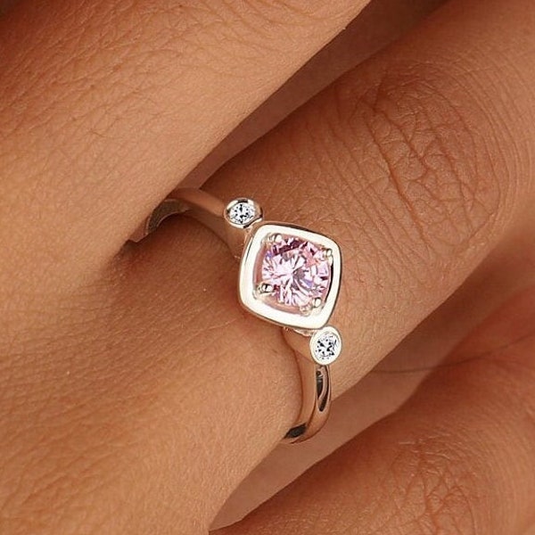 Dainty Pink Tourmaline Three Stone Engagement Ring, 925K Sterling Silver October Birthstone Ring, Unique Gold Pinky Jewelry, Everyday Ring