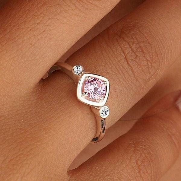 Solid Gold Pink Tourmaline Engagement Ring, Three Stone Ring, Unique Pinky Jewelry, October Birthstone Ring, 18K Gold Everyday Ring