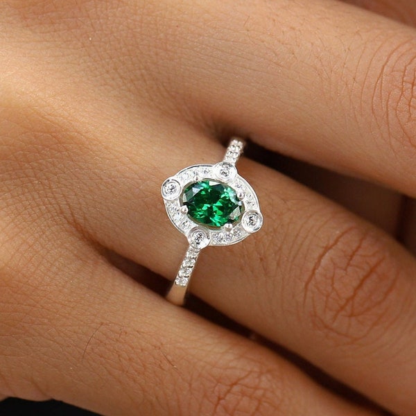 Dainty Emerald Gemstone Engagement Halo Ring, Green Gemstone 14K Gold Ring, Oval Solitaire Promise Ring For Her, Multi Stone Halo Ring