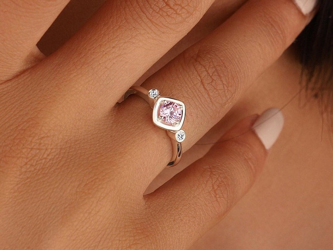 Dainty Pink Tourmaline Three Stone Engagement Ring, 925K Sterling