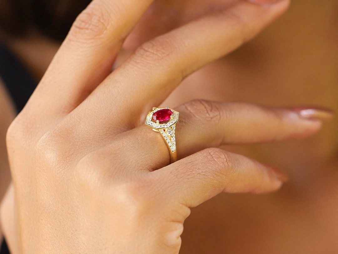 Dainty Oval Cut Red Ruby Rings for Women, July Birthstone Promise Ring