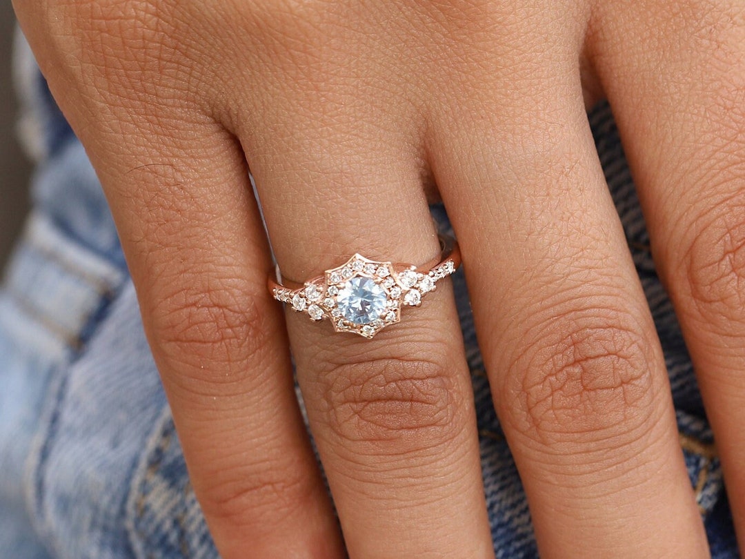Vintage Aquamarine Promise Ring, March Birthstone Women Ring, 925K
