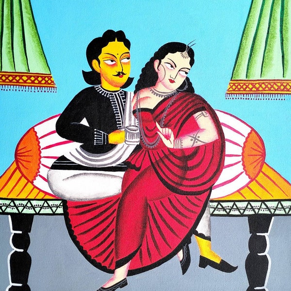 Original hand painted Babu bibi  painting | Babu bibi | Kalighat painting | Bengal art , acrylic on canvas, housewarming gift