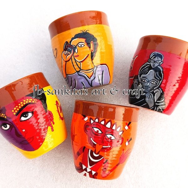 Handpainted Bengali theme kullar set of 4 pieces , charulata | satyajit ray | joy baba felunath | apur songsar