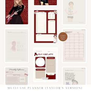 May include: A multi-use planner inspired by Taylor Swift's Red album. The planner features a red and white color scheme with illustrations of Taylor Swift. The planner includes sections for monthly reflection, self-care notes, and a monthly calendar.