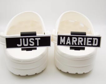 Placas para correas de zuecos "Just Married", accesorios para zapatos de boda, regalo para novios, dijes para correas de zuecos impresos en 3D
