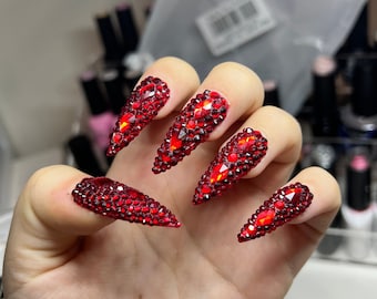 Red nails with rhinestones stock photo. Image of beauty - 101722952