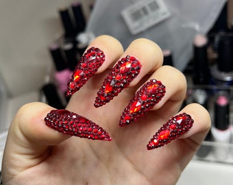 Red Rhinestone Press On Nails