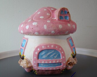 Pink Spotted Mushroom Trinket Pot Hand Cast Resin Toadstool Jar - Second Quality, Discounted