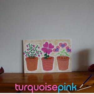 Whimsical Heart Flowers Painting, Acrylic Botanical Folk Art, 30cm x 21.5cm