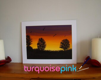 Birds Flying High Over Horizon, Orange Purple Gradient Landscape