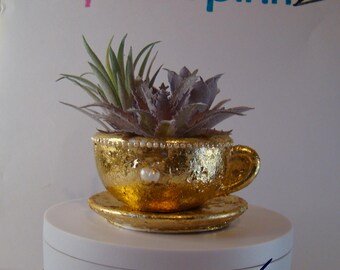 Gold Leaf Teacup Succulent Planter Hand Cast Resin Cup Saucer with Faux Plant & Pearls